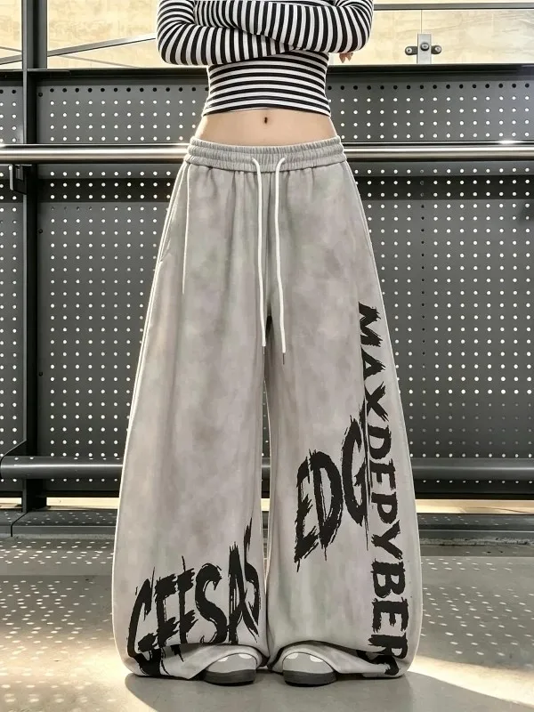 Retro American Style Printed Wide Leg Sweatpants for Women Casual Loose Drapey Slimming Dance Sporty Leisure Trousers