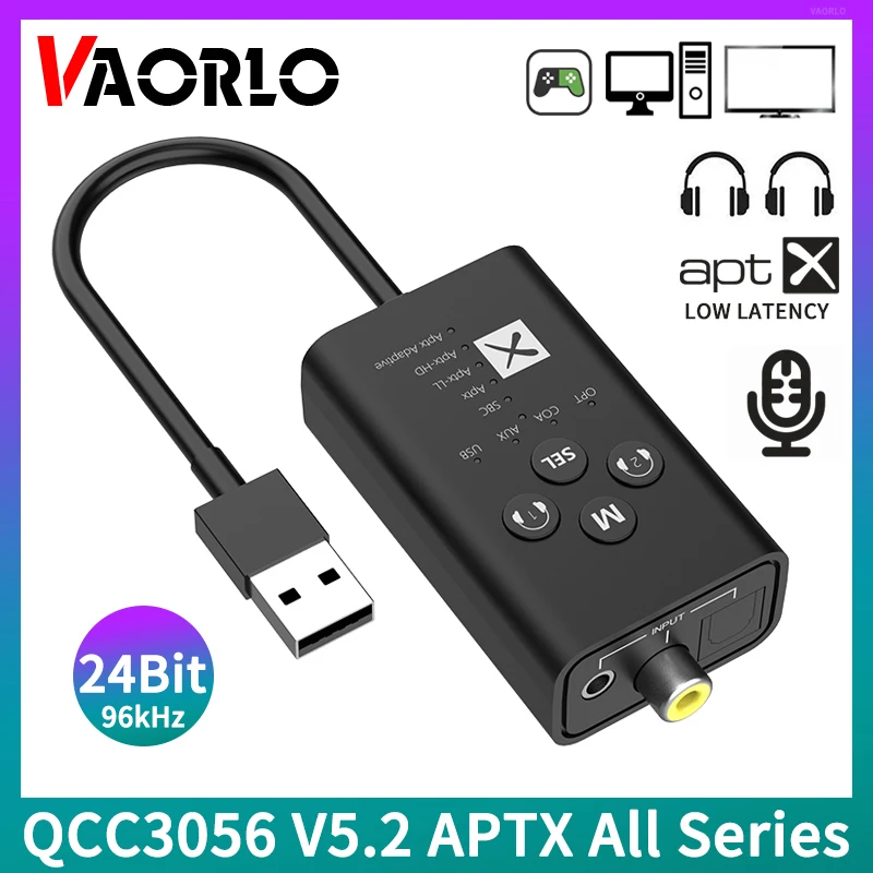 Qualcomm QCC3056 24Bit Bluetooth 5.2 Audio Transmitter aptX LL HD Adaptive USB 3.5mm AUX Optical Fiber Coaxial Wireless Adapter