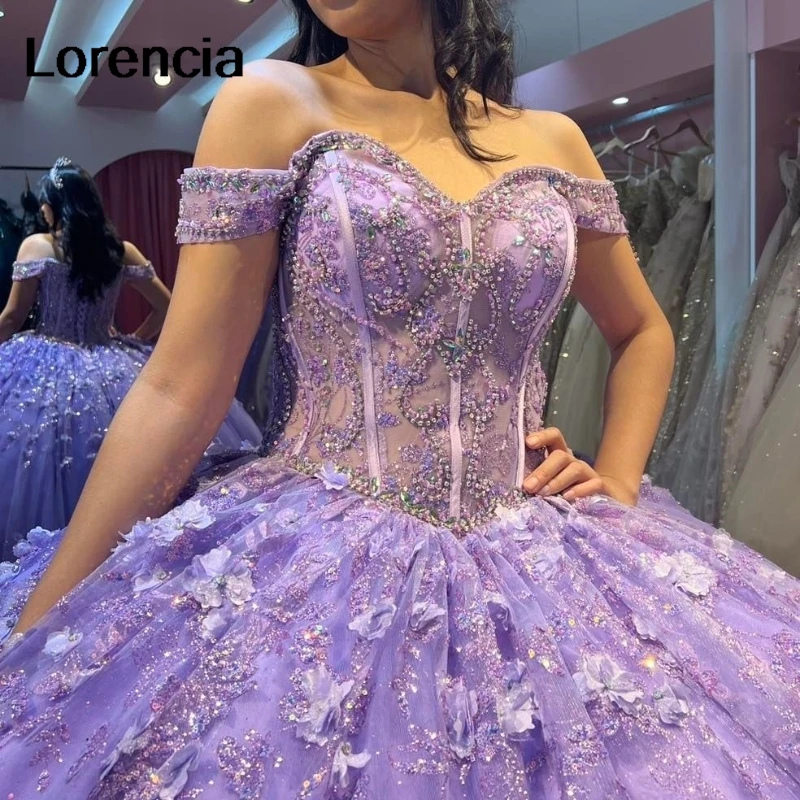 Lorencia Gillter Lavender Quinceanera Dress Off Shoulder 3D Floral Applique Beads Corset Sweet 16 Vestidos De 15 Años YQD747