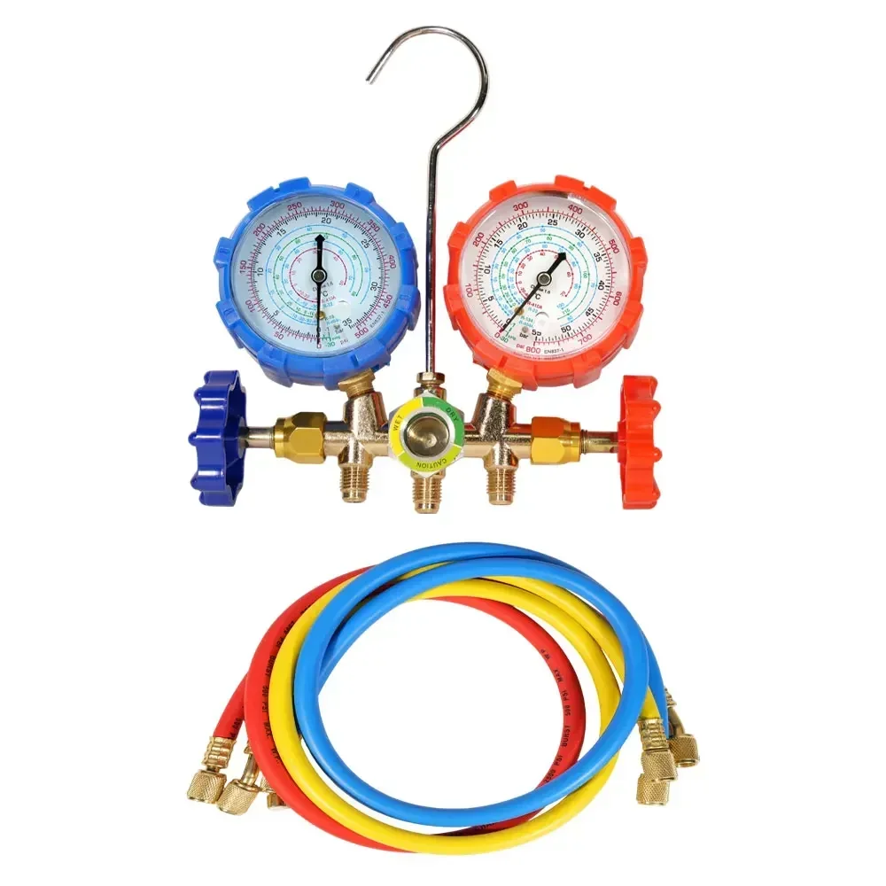 Zestaw 3-mierzyłowy do pomiaru ciśnienia klimatyzacji z profesjonalnym zestawem węży - Kompletny zestaw do testowania i napełniania czynnika chłodniczego R134A R22 R404A R12