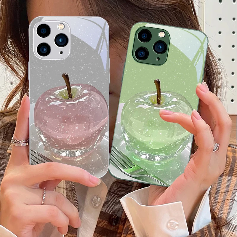 Crystal Apple Pink Purple For IPhone 16 Pro Max 15 Pro 14 13 12 Mini 11 XS M Ax XR 7 8 Plu SE 2022 Tempered Glass Phone Case - Image 3