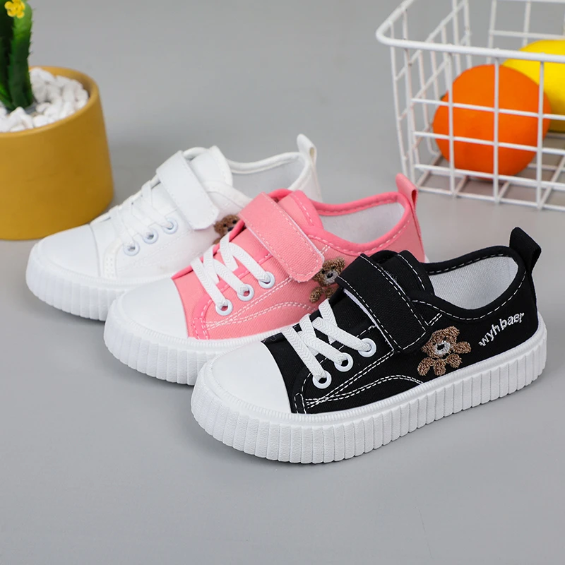 Children\'s Canvas Shoes Spring Autumn White Embroidery Cartoon Boys and Girls Single Shoes Pink Soft Non-slip Kids Casual Shoes