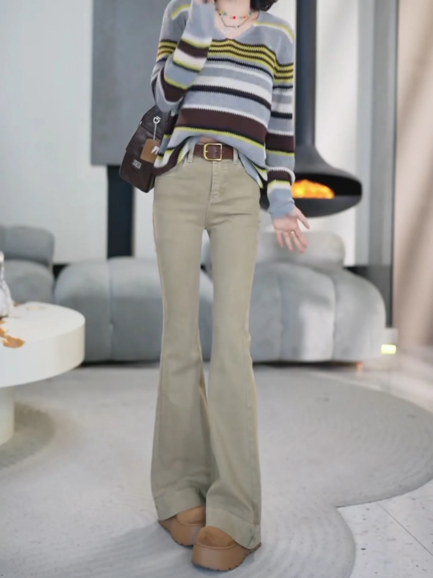 

Retro Khaki Slim Fit High Waist Denim Jeans Women's Spring Autumn New Style Elastic Bell Bottoms Casual Cotton Denim Pants