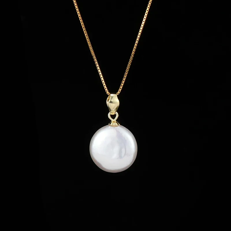 

YWYC 10-12mm Baroque Button Pearl Pendant Necklace Natural Freshwater 925 Sterling Silver Jewelry Gift for Women