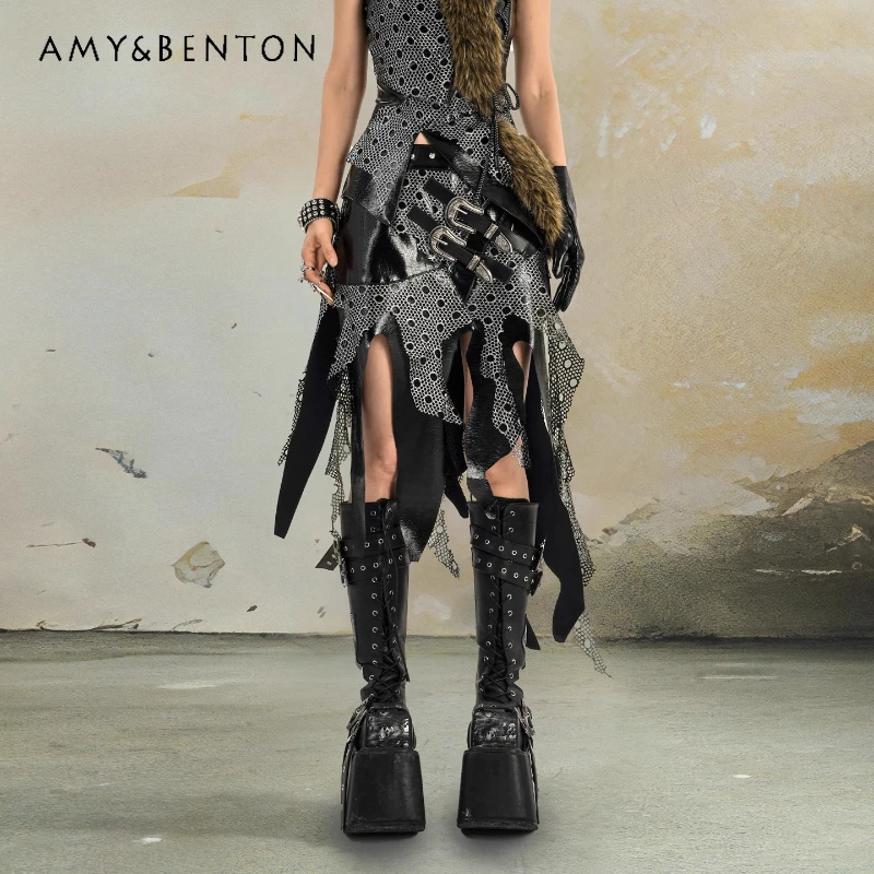 التصميم الأصلي الظلام القوطية روك الملابس النسائية 2025 الخريف جديد الحلو كول الساخن فتاة فريدة من نوعها غير النظامية منتصف طول التنانير السيدات