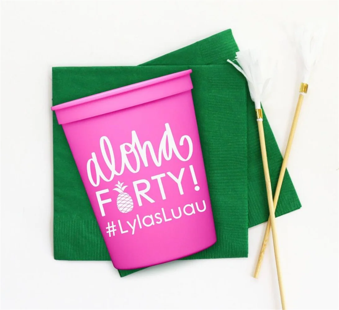 

Luau Party Decorations, Aloha Forty Birthday Party Cups, Personalized Plastic Cups, Tropical Birthday Favors,