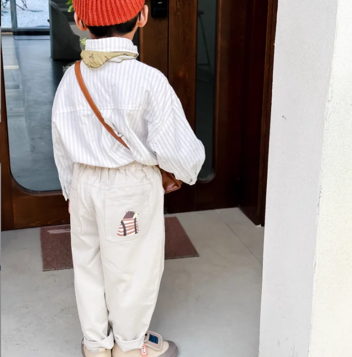 الخريف الفتيان البيج الأسود بانت لملابس الأطفال 2025 جديد طفل أطفال عادية الكرتون نمط بنطلون 1-8 سنة