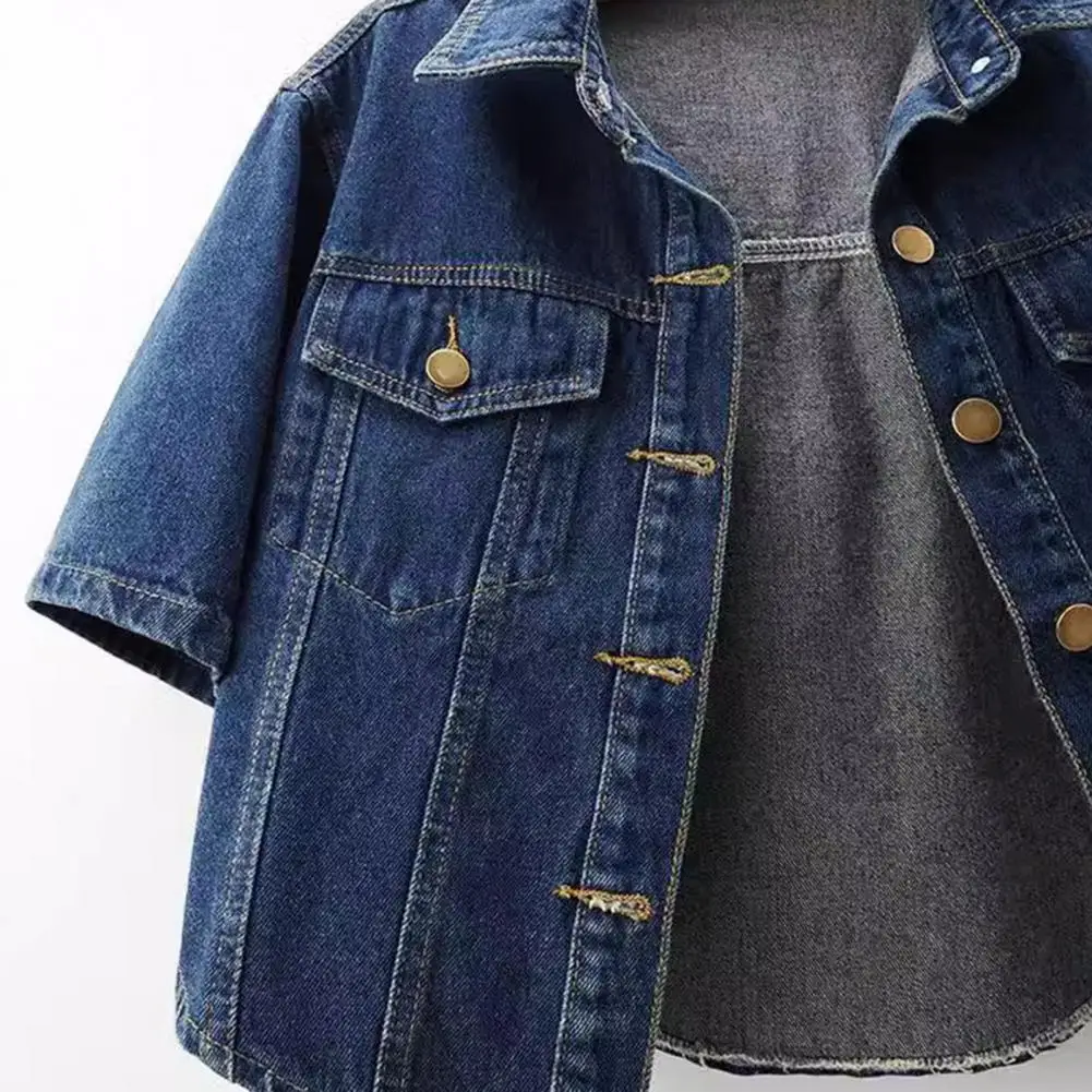 

Women Cropped Denim Jackets Lapel Button Down Trucker Jean Jacket Summer Short Sleeve Coat Y2K Female Single-Breasted Outerwear