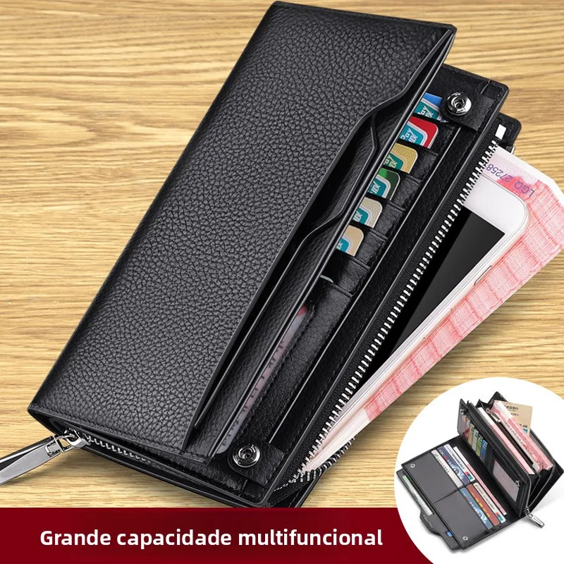 new-business-casual-long-leather-handheld-wallet-top-layer-cowhide-men's-large-capacity-zipper-money-clip-multi-card-slot