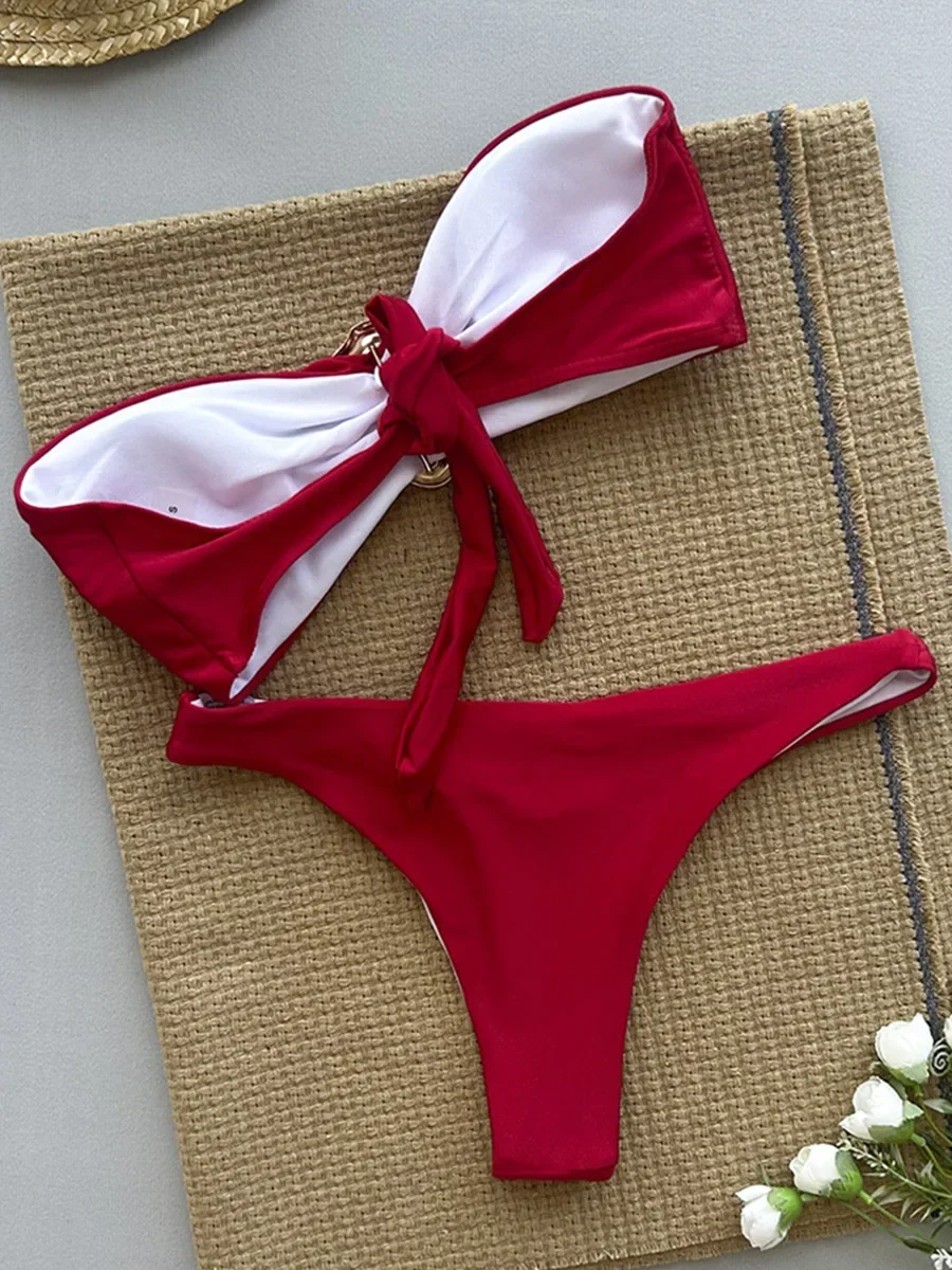 XS - L Metallring Bandeau Bikini Damen Bademode Damen Badeanzug Zweiteiliges Bikini-Set Brasilianischer High Cut Badeanzug Swim Lady