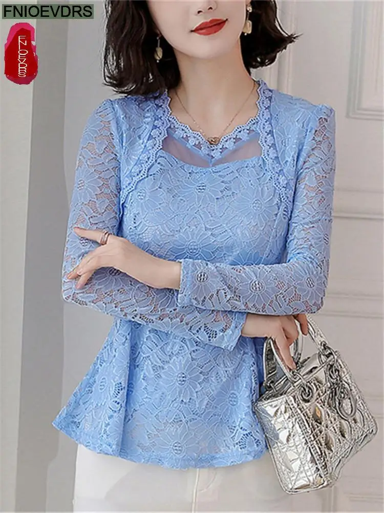 2022 Summer Women Blouse Fashion Office Lady Hollow Out Lace Sheer Mesh Black Lace Vintage Retro Tunic Peplum Tops