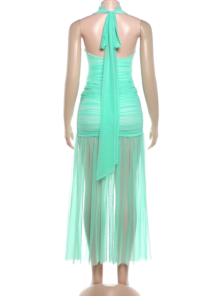 Weird Puss Elegantes Rückenfreies Kleid für Damen mit Tiefem V-Ausschnitt, Neckholder, Gerafftem Rock, Schlitz, Mesh-Patchwork, Sexy Party-Club-Kleid mit Pfirsichfarbenem Po-Effekt – Detail 6