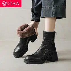 QUTAA 2025 News Women Snow Boots Warm Wool Round Toe Suede Leather Ankle Boots Fashion Winter Low Heel Short Shoes 34-40