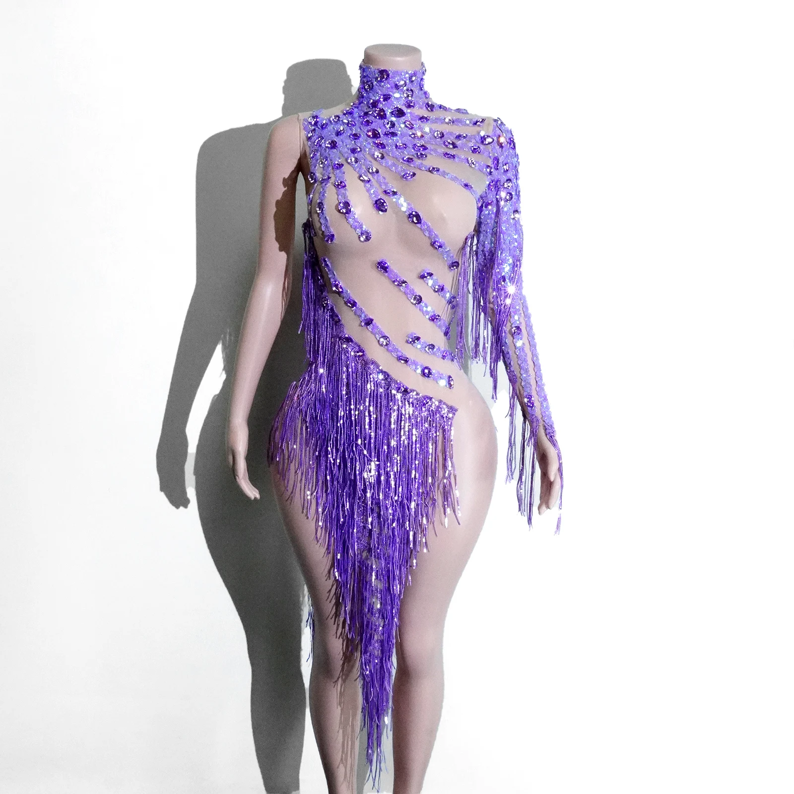 

Sexy Sparkly tassels dress Women mesh perspective party club latin Dance Costume Singer Dancer vestido Stage show girl costume