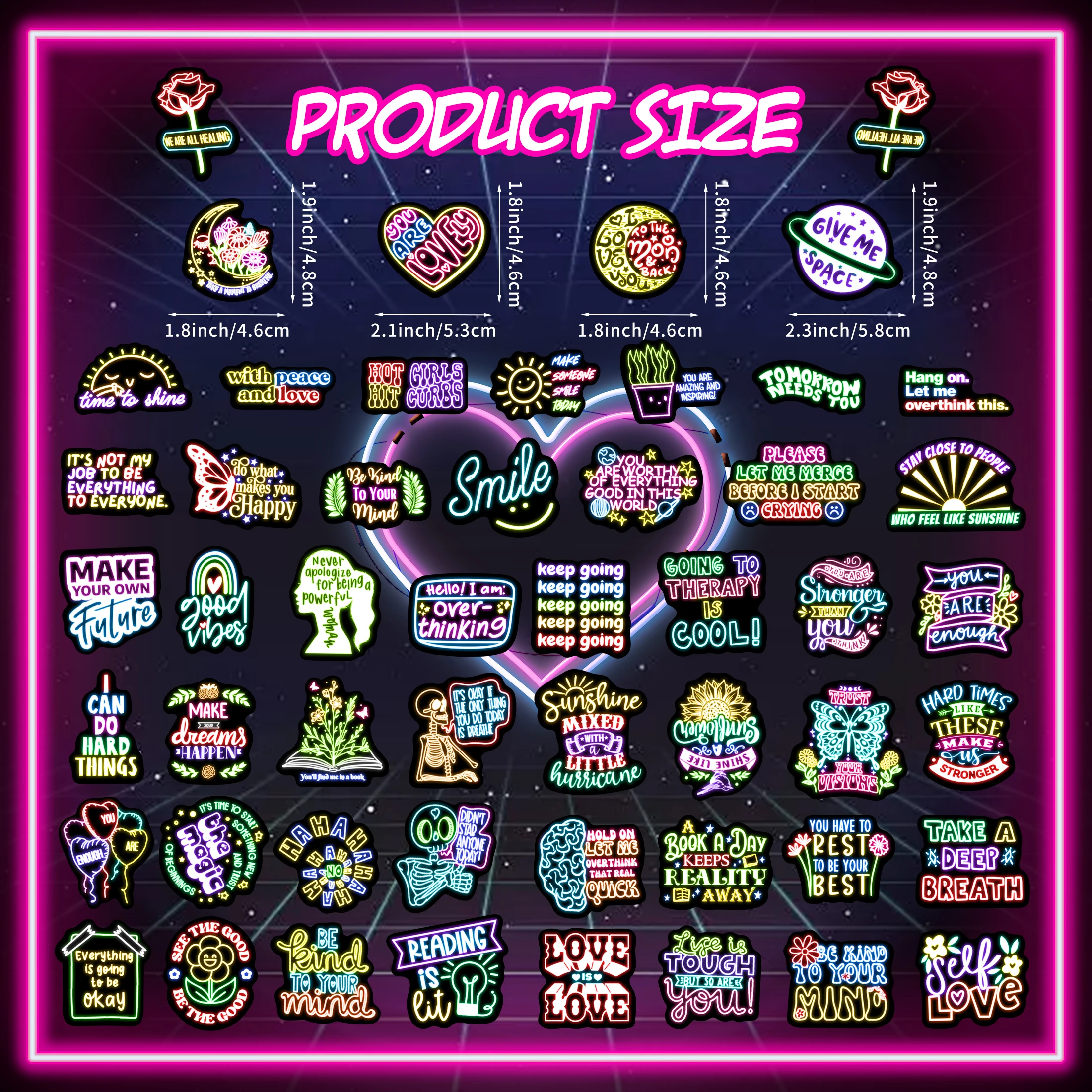 50Pcs Neon Phrase Pattern Glow in the Dark Stickers Waterproof Vinyl Decals Computer Phone Case Decoration for Kids DIY Gifts