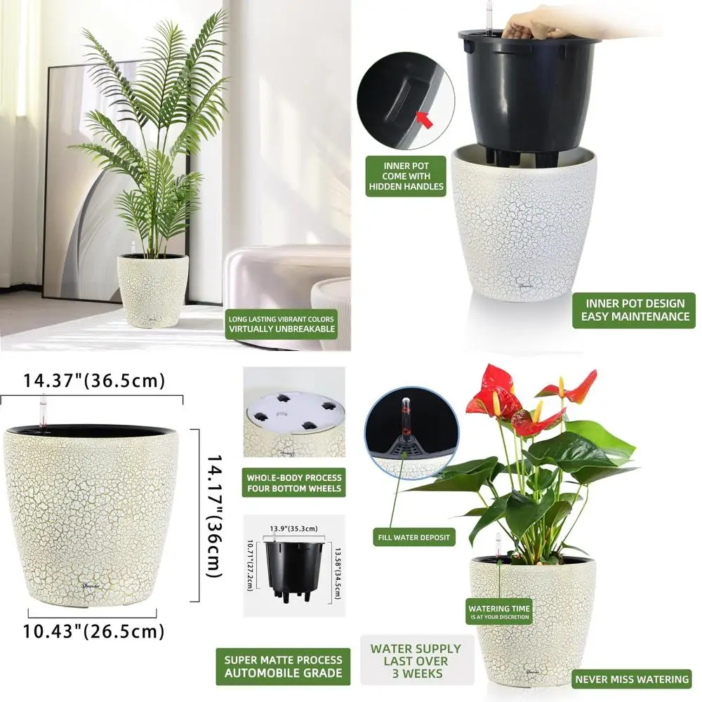 

Самополивающийся кашпо 15x14 с колесами, для использования в помещении и на открытом воздухе, внутренний горшок, утолщенный напольный индикатор уровня воды, белое золото