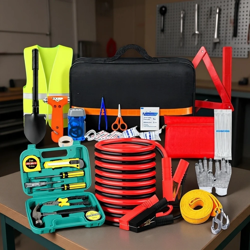 

Автомобильный аварийный дорожный набор с лопатой, пусковыми кабелями и средствами первой помощи для обеспечения безопасности