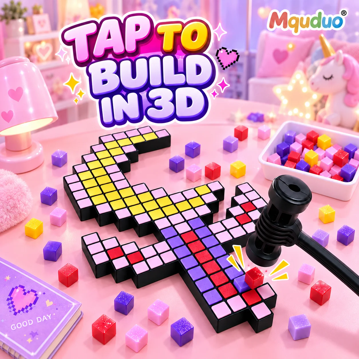MQUDUO Pixel Art Bead Hammer Kit, Reusable Template with Colorful Building Beads, Tray and Remover, Birthday Holiday Gift