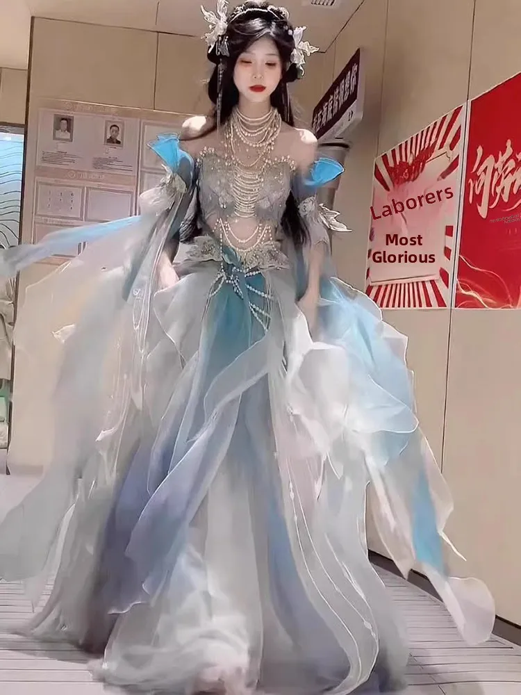 

Princess Mermaid Gradient Chest Embroidery Hanfu Sleeveless Heavy Work Fashionable Traditional Chinese Clothing Women's Set