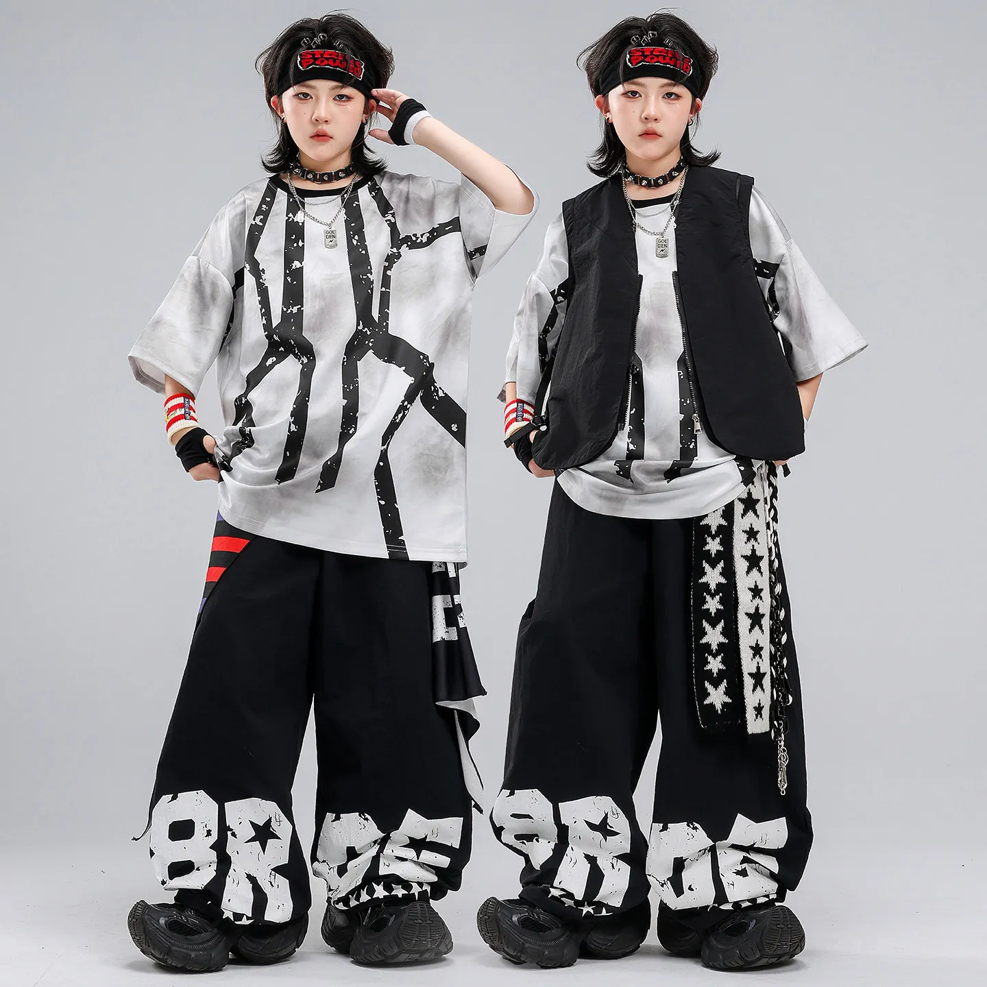 Boys Hip Hop Street Dance 3-Piece Set Black And Gray Loose T-shirt & Sleeveless Vest & Baggy Pants Kids Stage Performance Outfit