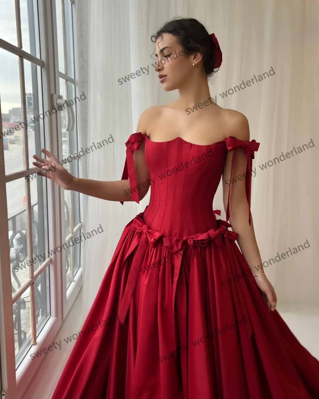 Abiti da sera rossi retrò Abito lungo con corsetto bustier con fiocchi Abito da cerimonia nuziale pieghettato in raso Abiti formali personalizzati