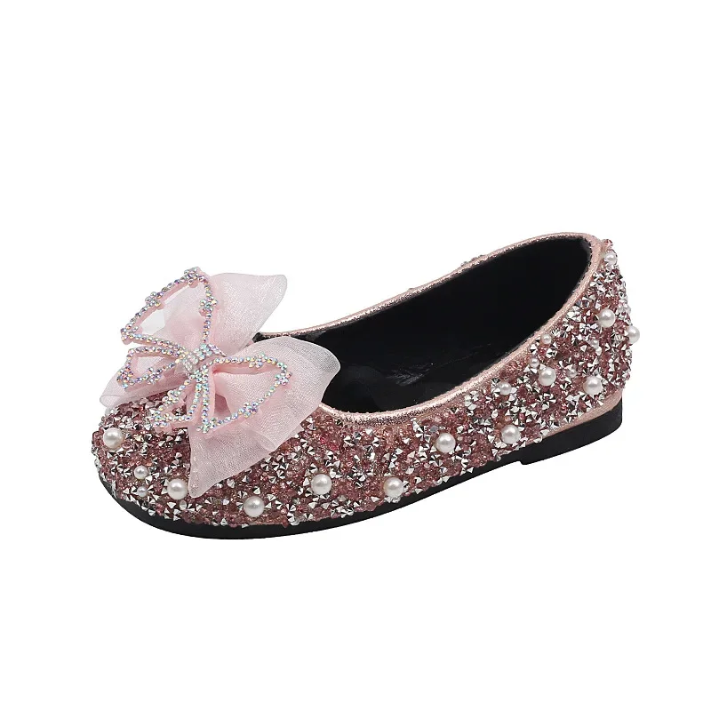 Girls Princess Shoes Glitter Luxury Party Shallow Children Ballet Flats 21-36 Elastic Band Fashion Lace Bowknot Kids Dance Shoes