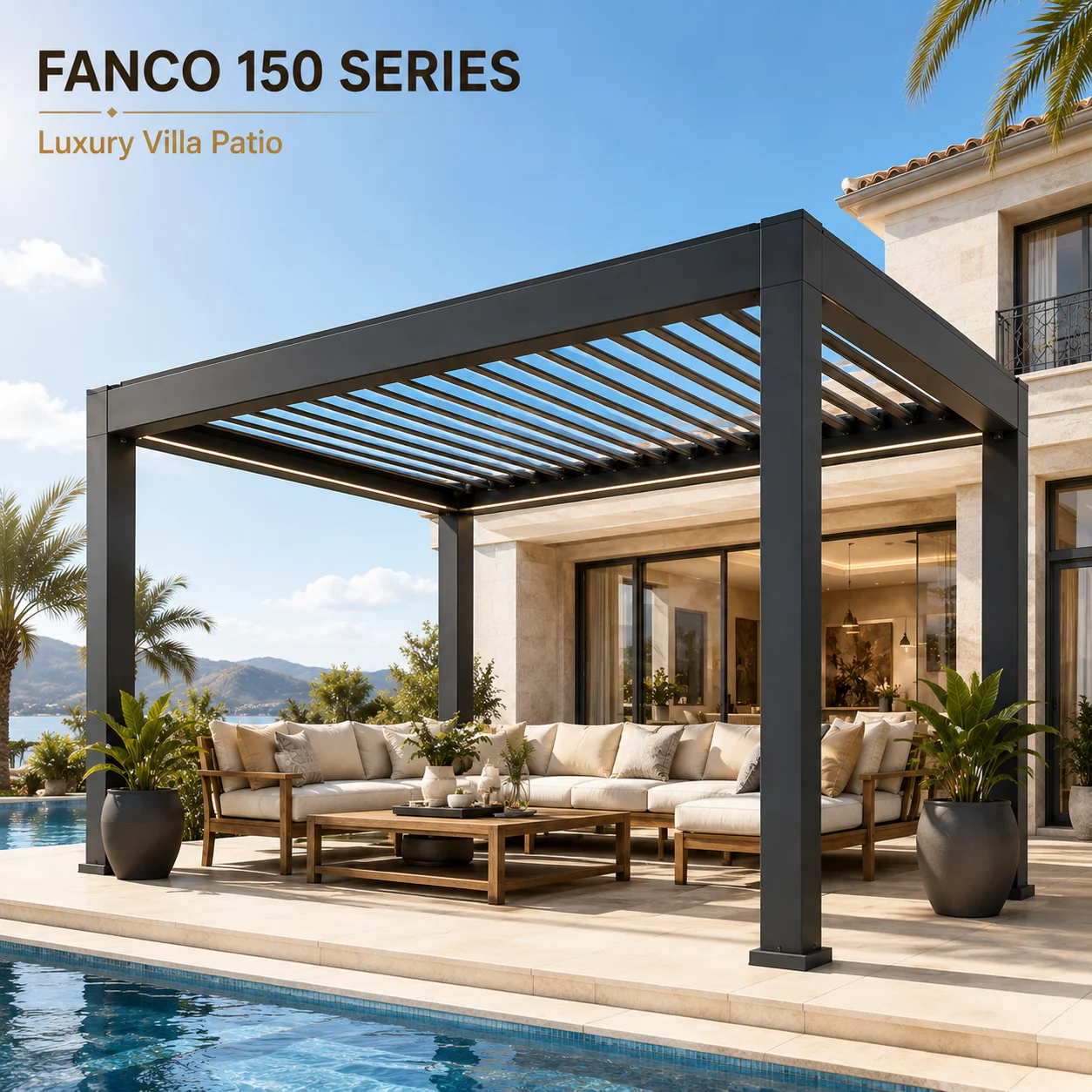 Modern Freestanding Pergola Kit 12x12FT Aluminum Louvered Gazebo LED Light Waterproof Outdoor Backyard Garden Sun Shade