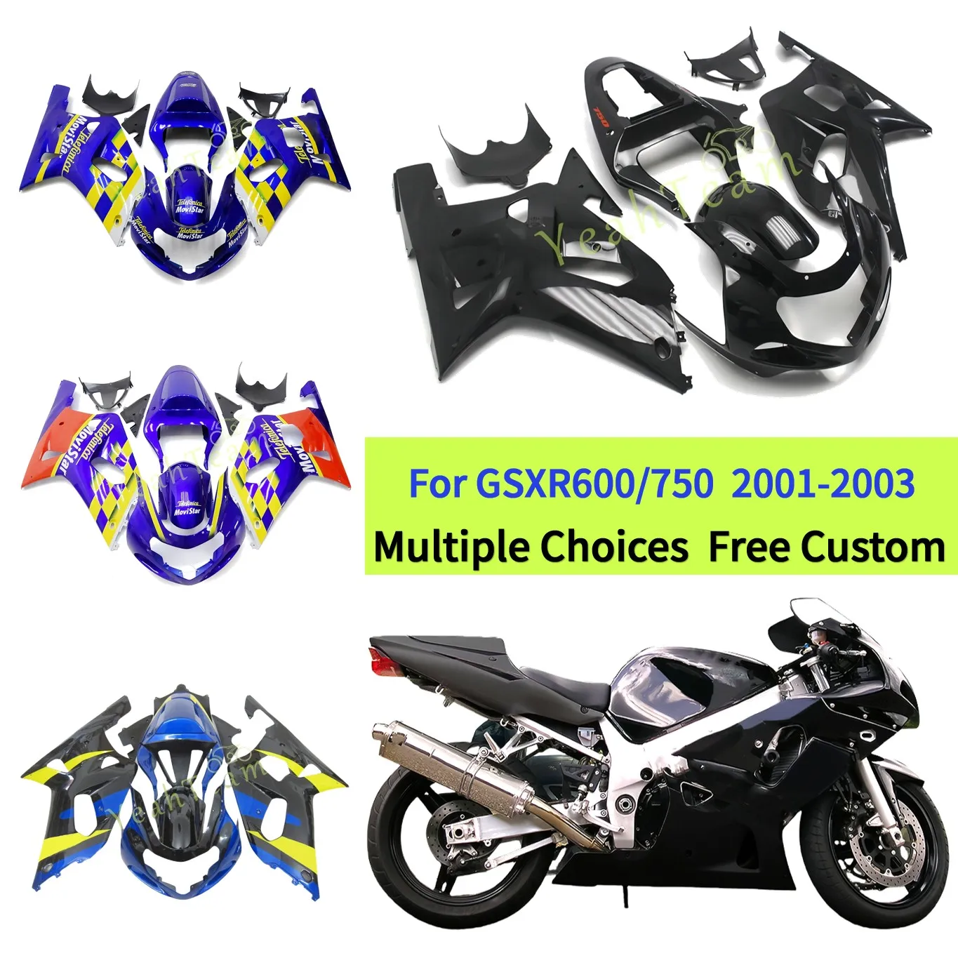 Motorcycle Accessories Fairings For 2001-2003 GSX-R600 GSXR 600 Full Black Body Cowl GSXR 750 K2 K1