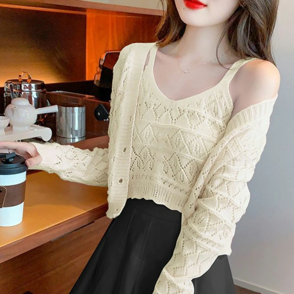 Autumn Knitted Women Set Cardigans Camis Hollow Out Vintage Korean Elegant  Knitwear Single Breasted Tender All-match Daily Ins