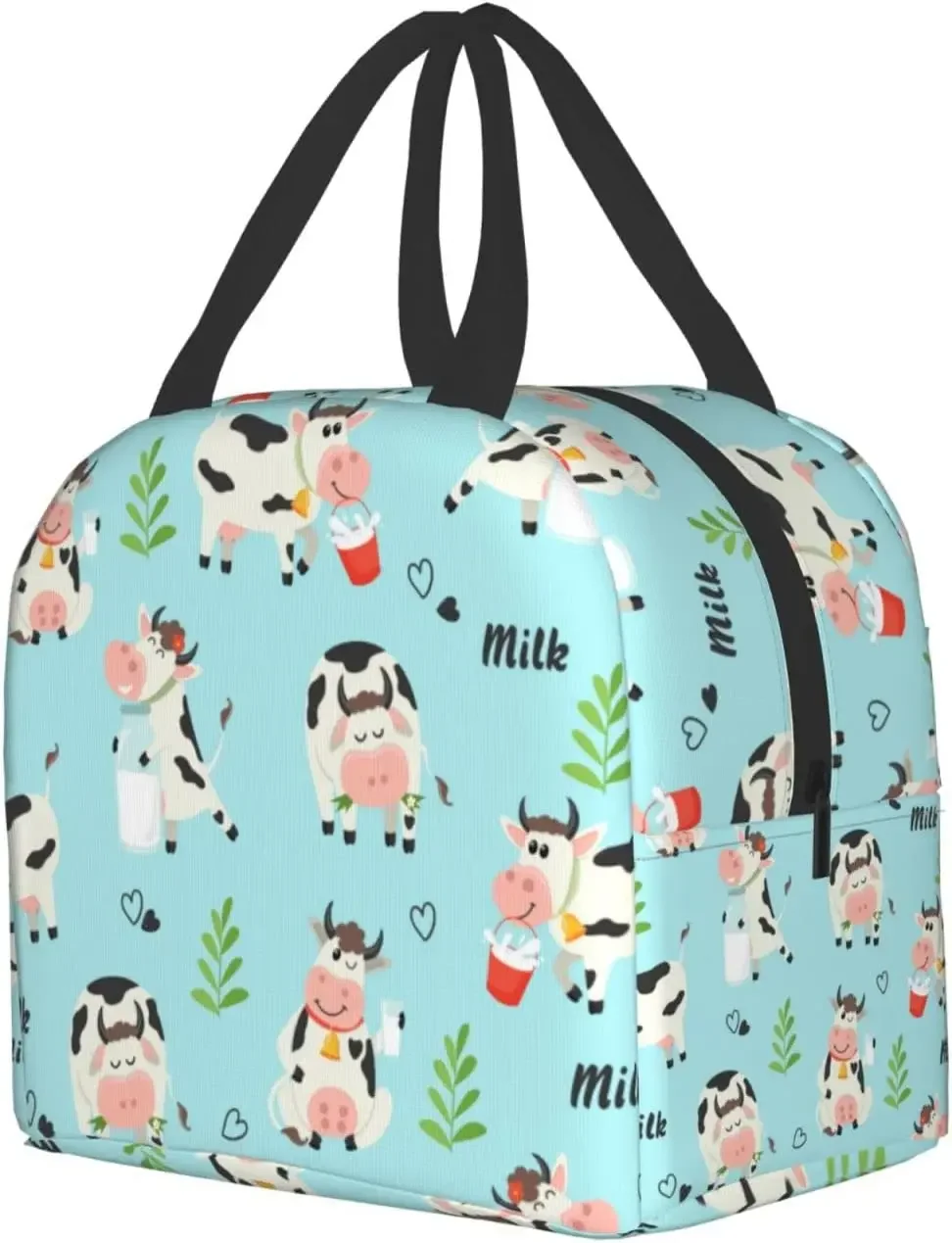 Fiambrera con estampado de vacas de granja y botellas de leche, bolsa de almuerzo de aislamiento pequeña Kawaii, bolsa de comida reutilizable,