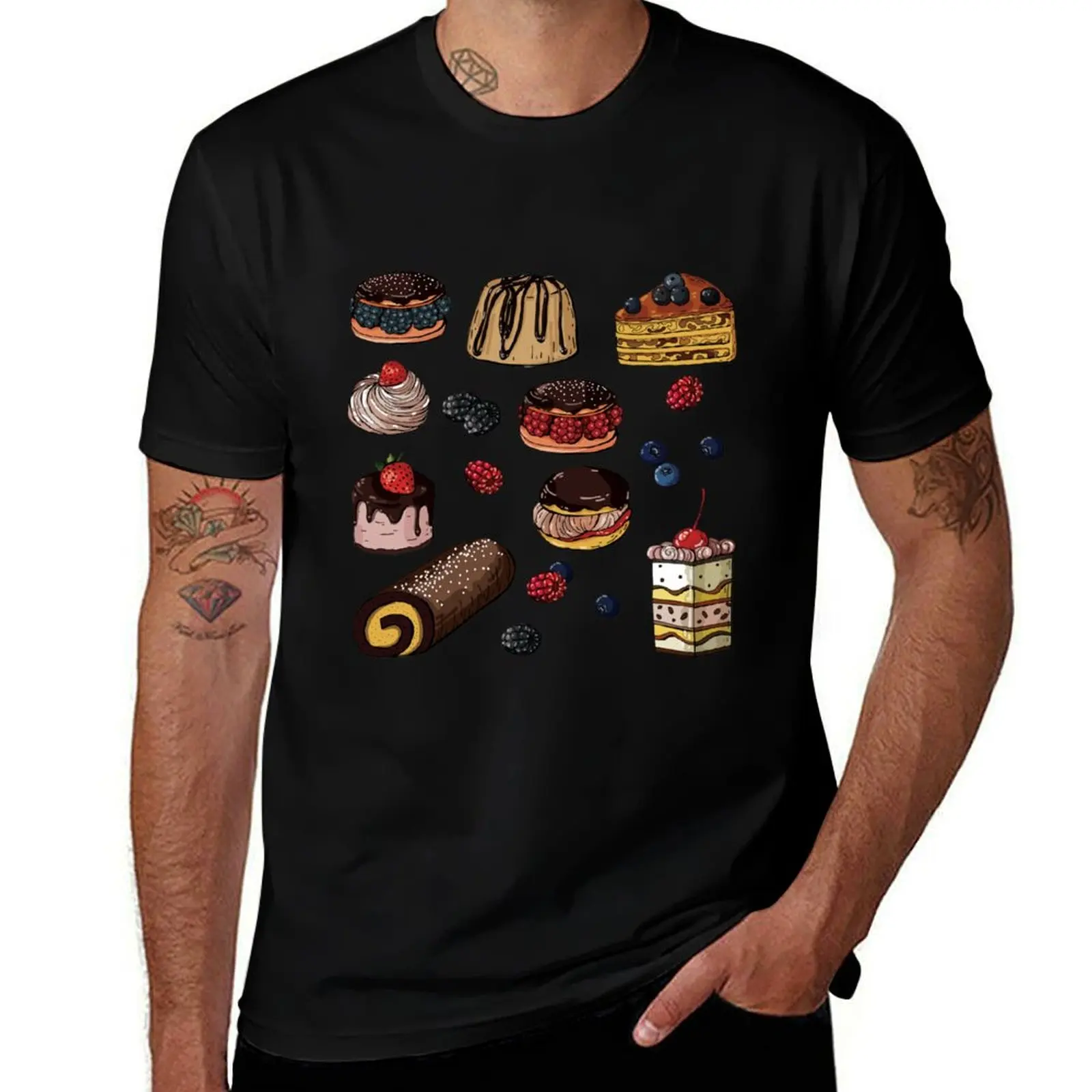 

Assorted Chocolate & Berries Cakes Pattern T-Shirt man t shirts cotton men t shirt cotton 100% T-shirt