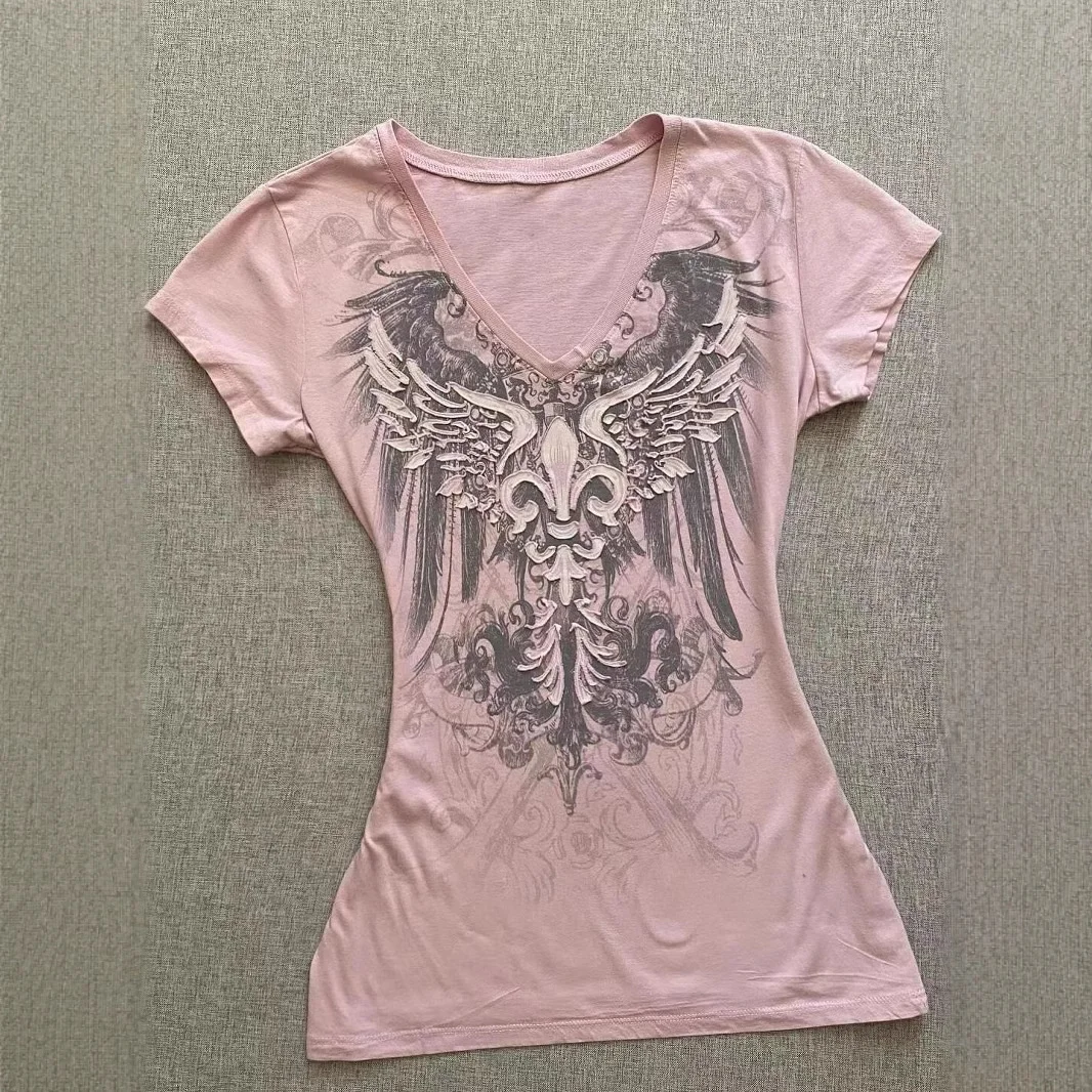 

Dark Punk Subculture Vintage Print Tshirts Simple V-neck Short Sleeve Slim Top Gothic Print Beading Tee Summer Y2k Clothes