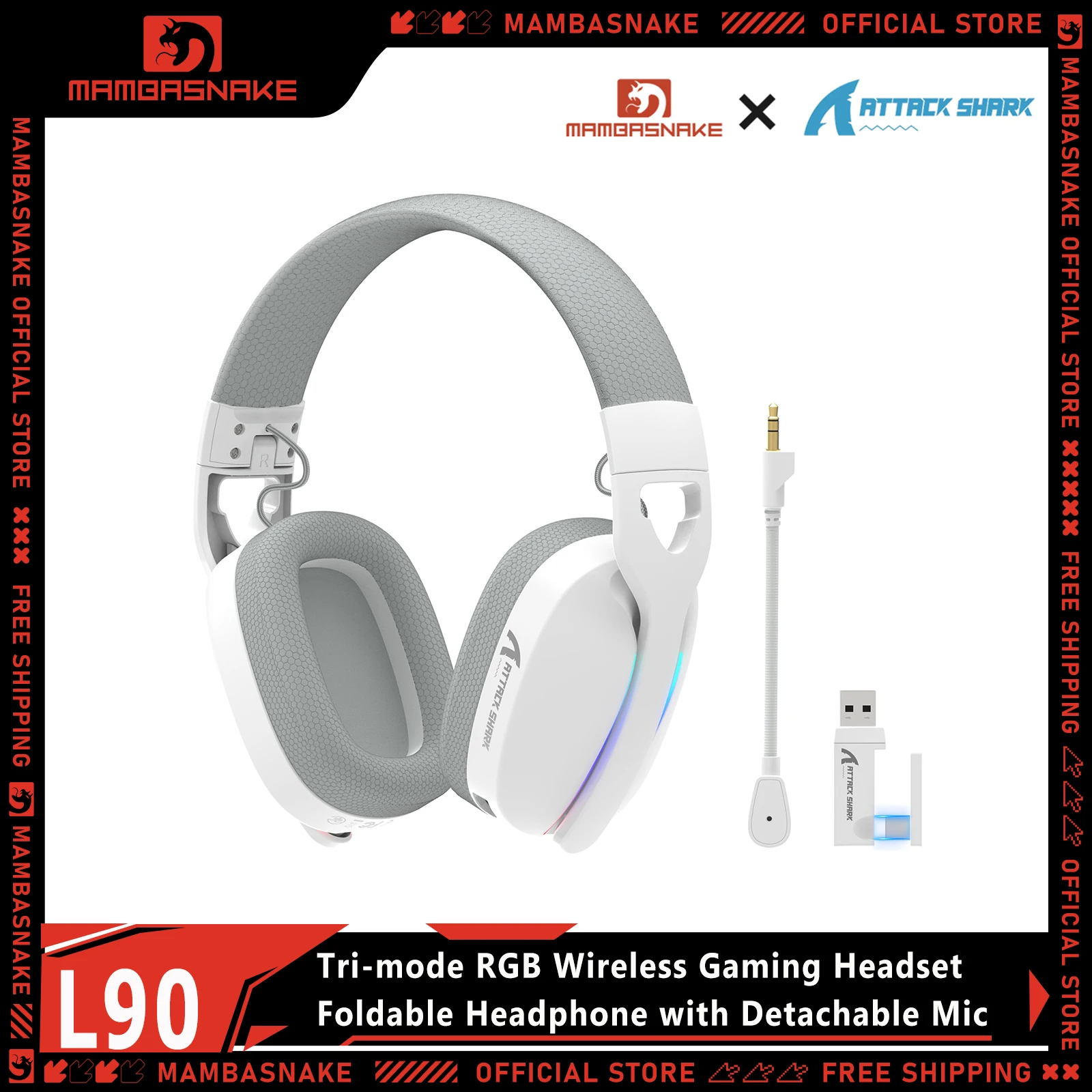 Auriculares para juegos MAMBASNAKE x ATTACK SHARK L90 Tri-Mode, auriculares RGB plegables con controlador de 40 mm, micrófono desmontable, ultraligeros, 215 g, para PC