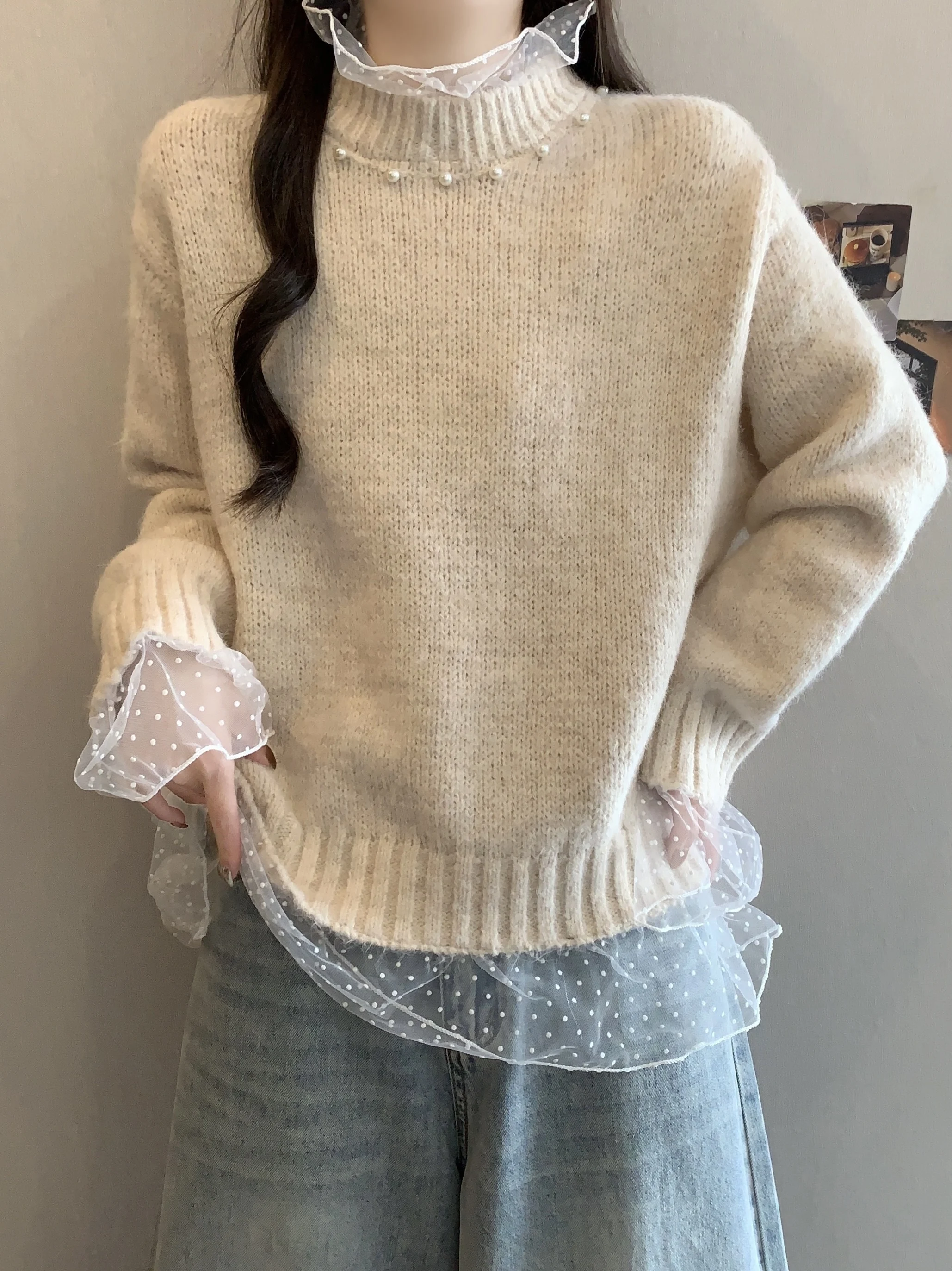 

Heavyweight Beaded f High Ne Knitwear Women's plus Size Spring Lace Trim Fake Two-Piece Sweater Top Korean Loose Fit Lon...