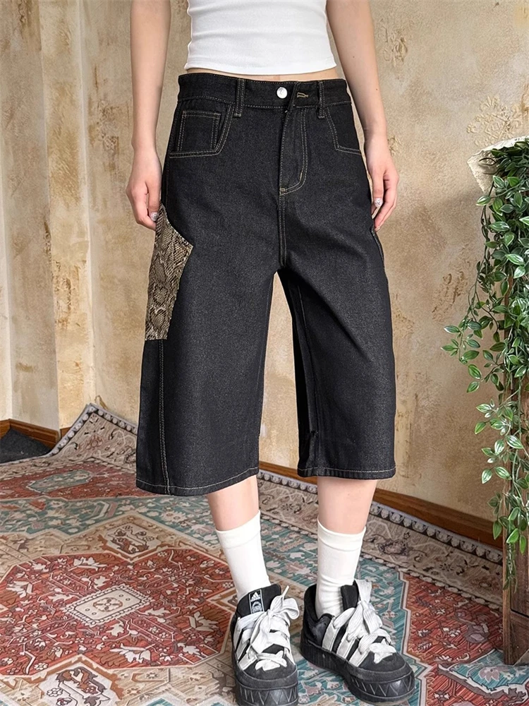 

Women's Personalized Patchwork Pocket Denim Cropped Trousers Cool Girl Calf-length Jeans Female High Waist Capris Pants
