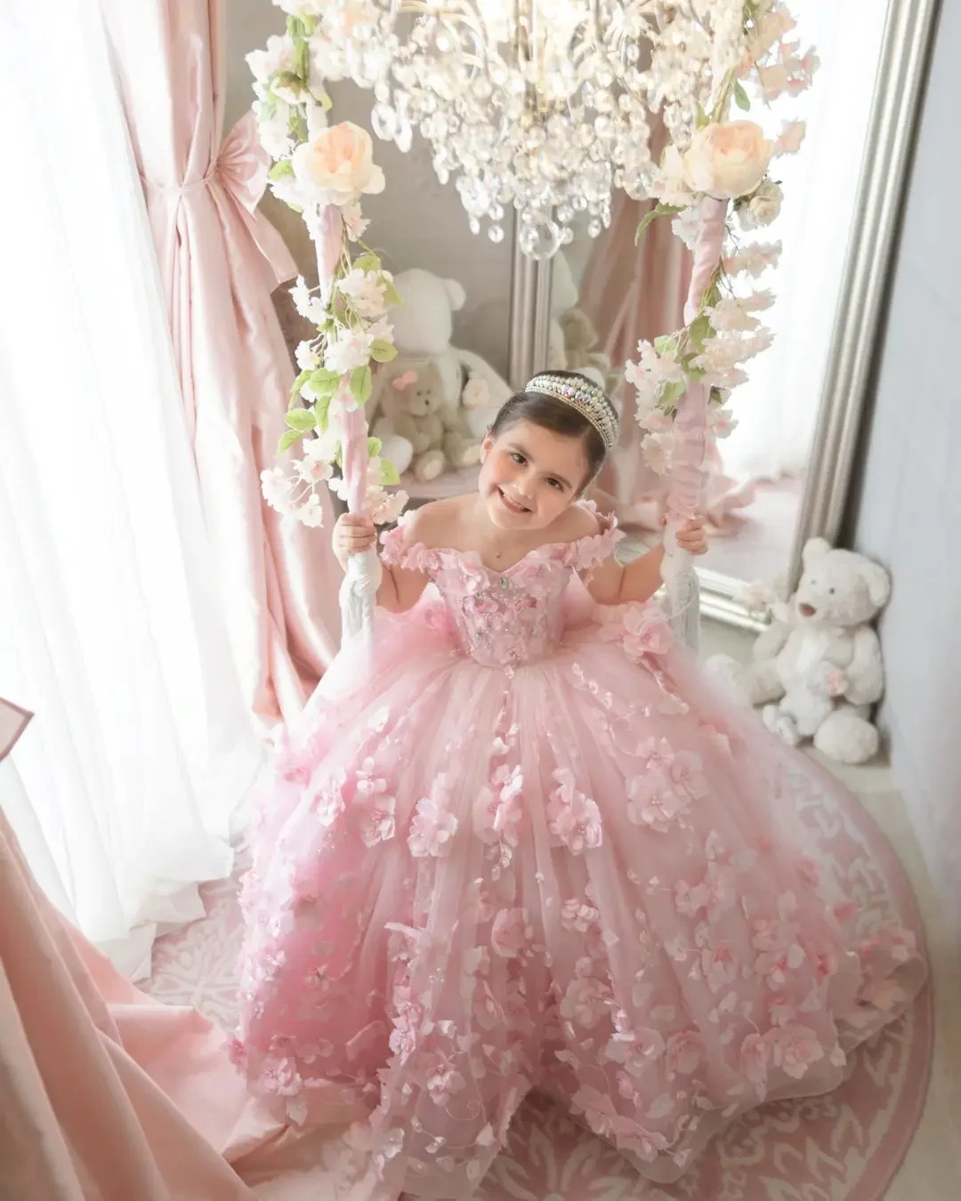 Rosa roxo flor menina vestido para casamento fora do ombro até o chão inchado 3d applique princesa criança aniversário primeira comunhão vestido