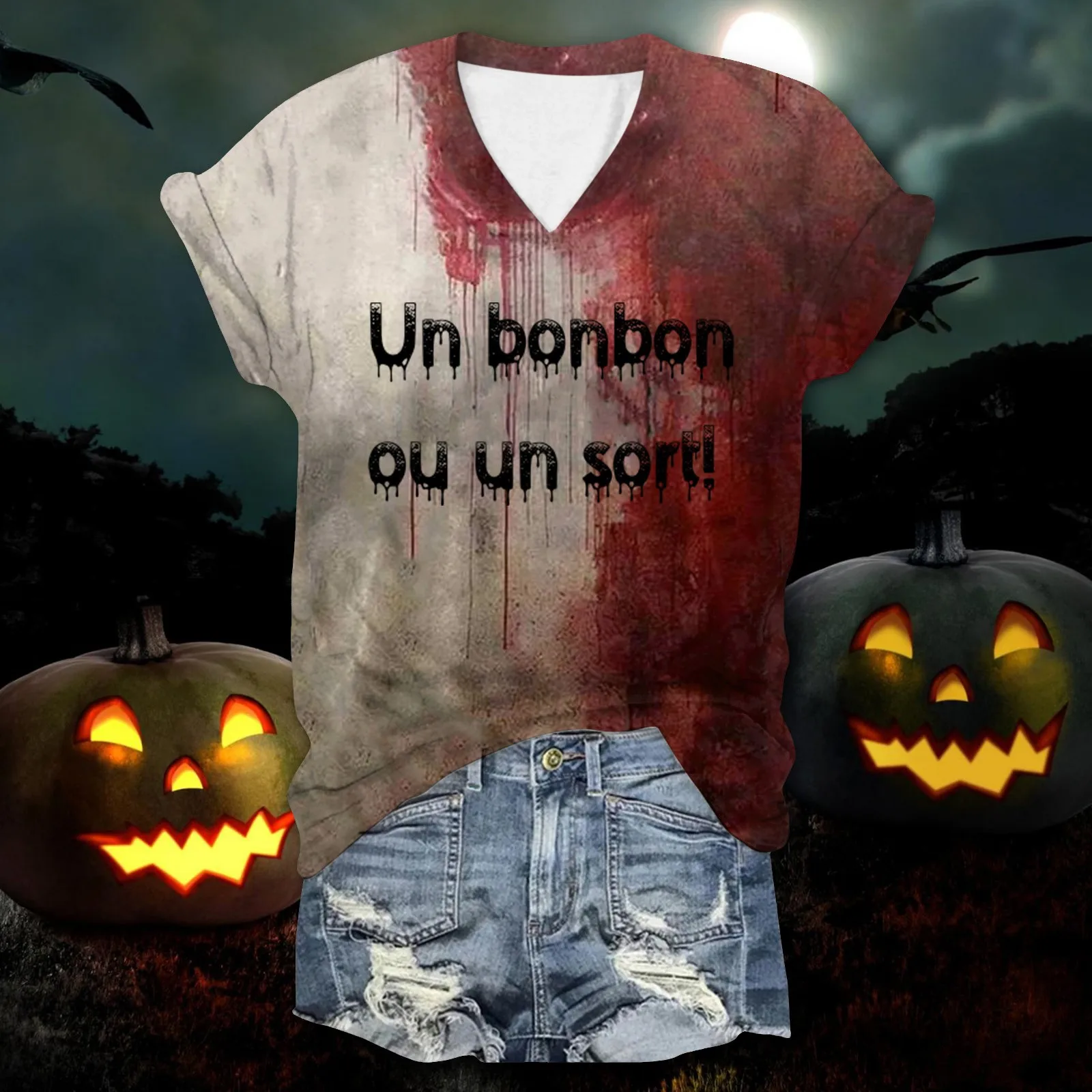 DistMurcia-T-Shirt manches courtes col en V pour Halloween, vêtement de fête de vacances, avec problème de déficit, Blutige Schrift imprimé