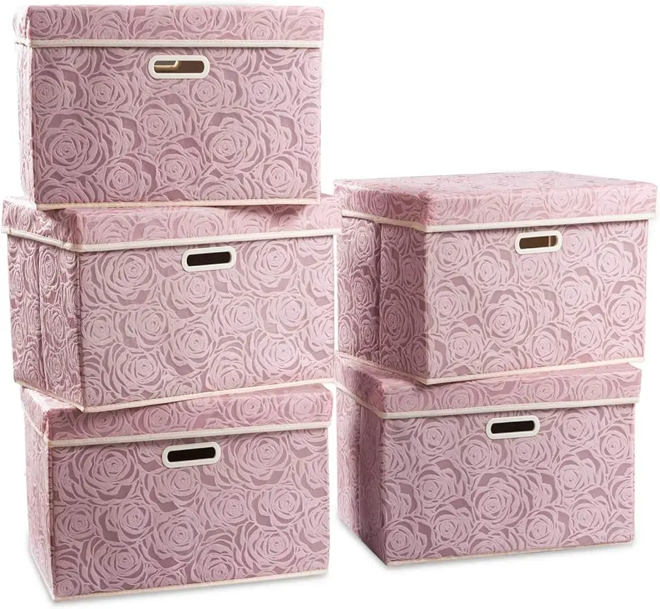 Large Foldable Storage Boxes with Lids [5-Pack] Fabric Decorative Storage Bin Cubes Organizer Containers Baskets with Co