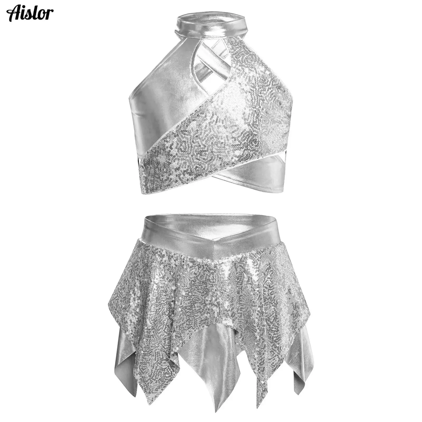 

Kids Girls Metallic Shiny Jazz Dance Outfit Cross Keyhole Sparkly Sequins Crop Top with Asymmetric Skirt for Stage Performance