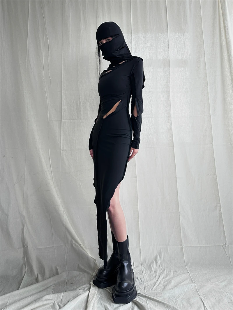 

Female Ninja, Wasteland Style Niche Design Spice Girl Hollow Sexy Irregular Long Dress Hooded Dress Diablo