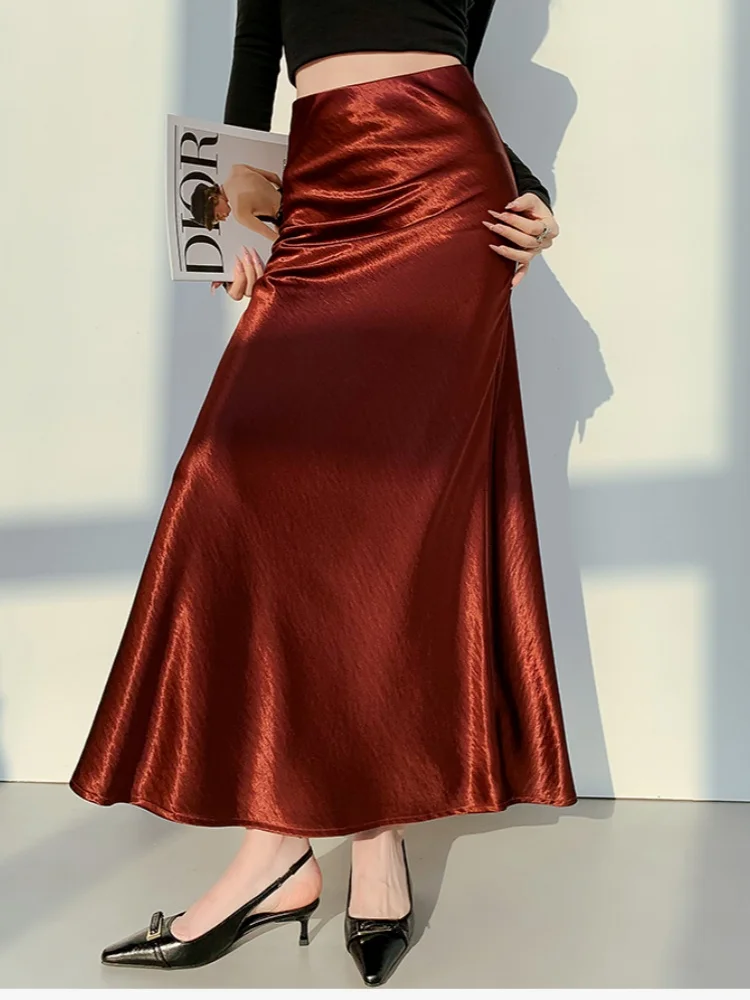 SMTHMA Acetate Satin Solid Skirt For Women New Spring High Waist Drooping A-line Skirt Ladies Mermaid Skirt