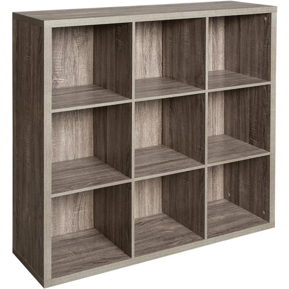 Weathered madeira prateleira com painel traseiro, 9 Cube, Bookshelf Organizer, fácil montagem, cinza