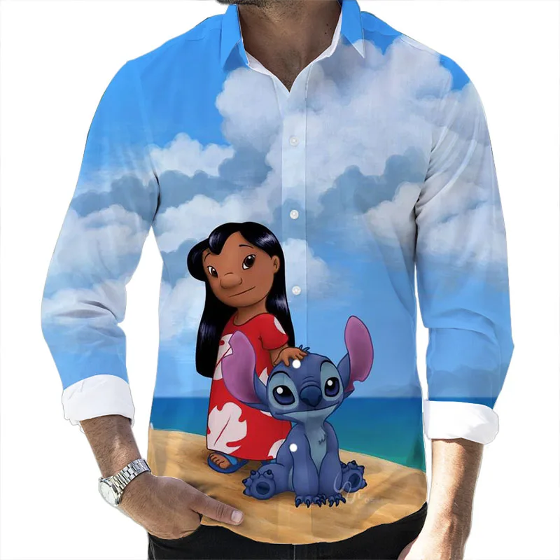 Lilo and Stitch Cartoon 2024 Spring Harajuku New Fashion Casual 3D Printed Long Sleeve Lapel Shirt Slim Men's Top