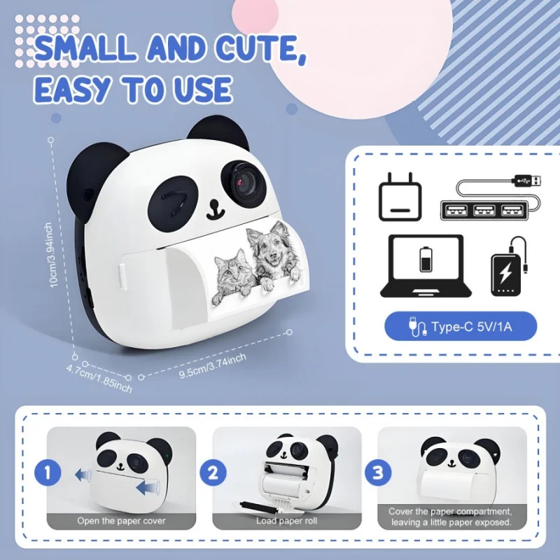 1 szt. Aparat Polaroid dla dzieci z motywem pandy, drukujący termicznie zdjęcia, papier termiczny do zdjęć, HD Mini Śliczny Aparat, Prezent na przyjęcie urodzinowe