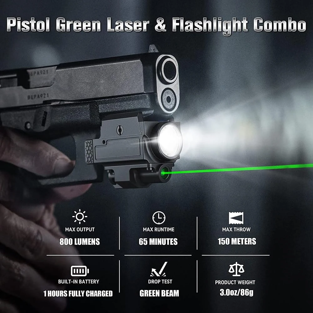 800 Lumens Tactical Weapon Gun Light Laser Combo Red Green Laser Sight Compact Pistol Light USB Charging Quick Release Gun Light