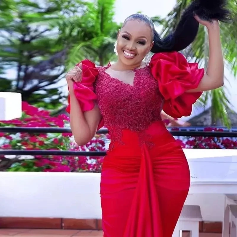 Elegant African Mermaid Dresses Sheer Neck Applique Beaded Prom Formal Dress vestido longo Pleated Sleeves Evening Party Gown