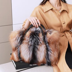 2023 New Women Silver Fox Fur Handbags Genuine Cowhide Hard Handle Big Handbag Full-pelt Red Fox Fur Large Shoulder Bag