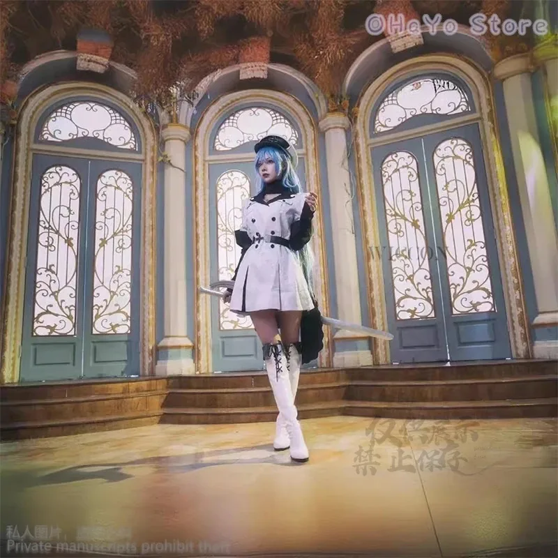 أزياء CyAnime Akame Ga KILL Esdeath التأثيرية مع قبعة وجوارب ملابس شعر مستعار للنساء مجموعة كاملة من Esdeath Empire ملابس عامة للحفلات