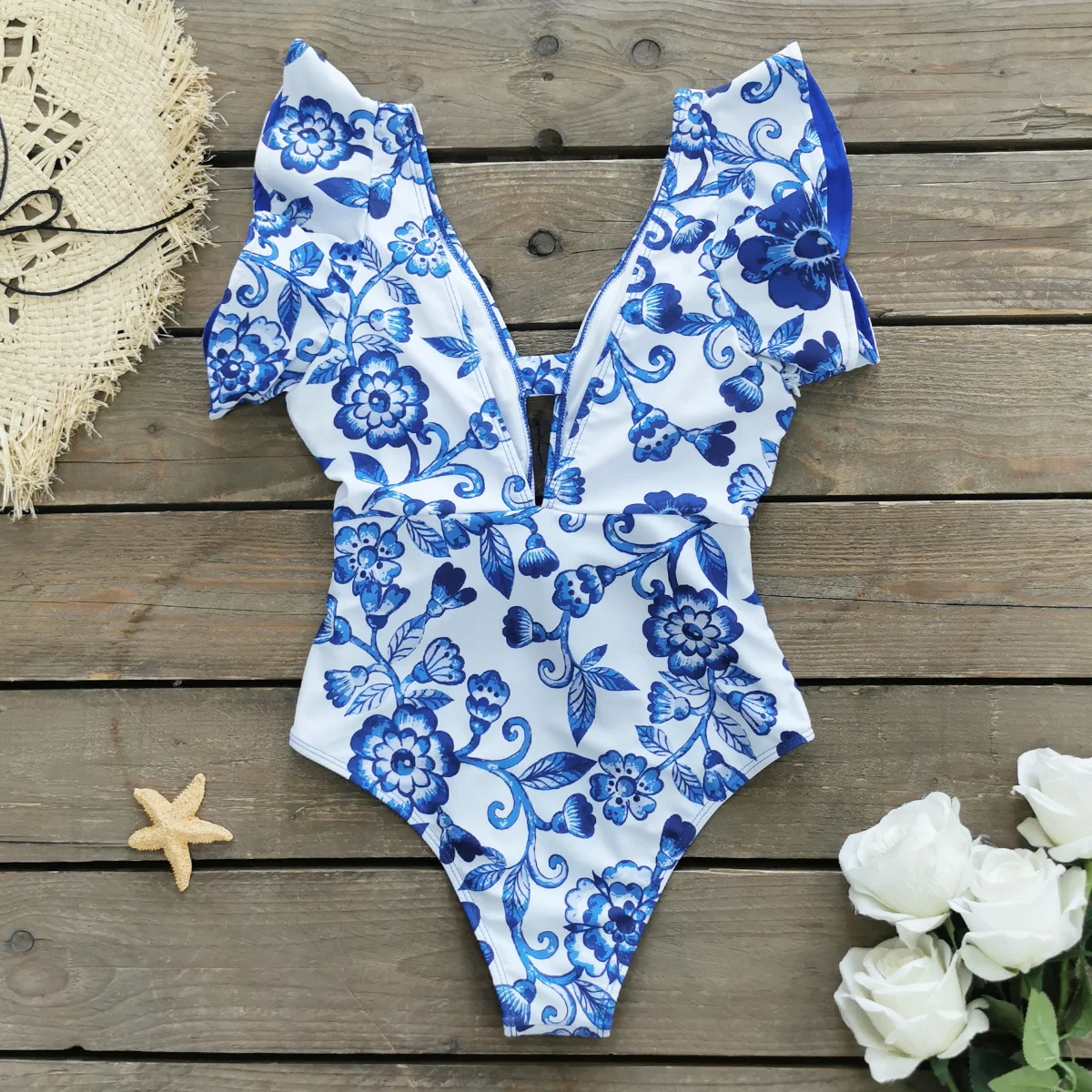 Sexy Ruffle Shoulder Women One Piece Swimsuit 2024 Style New Blue Printed Mujer Bodysuit Swimwear Belt Women Bathing Bodice