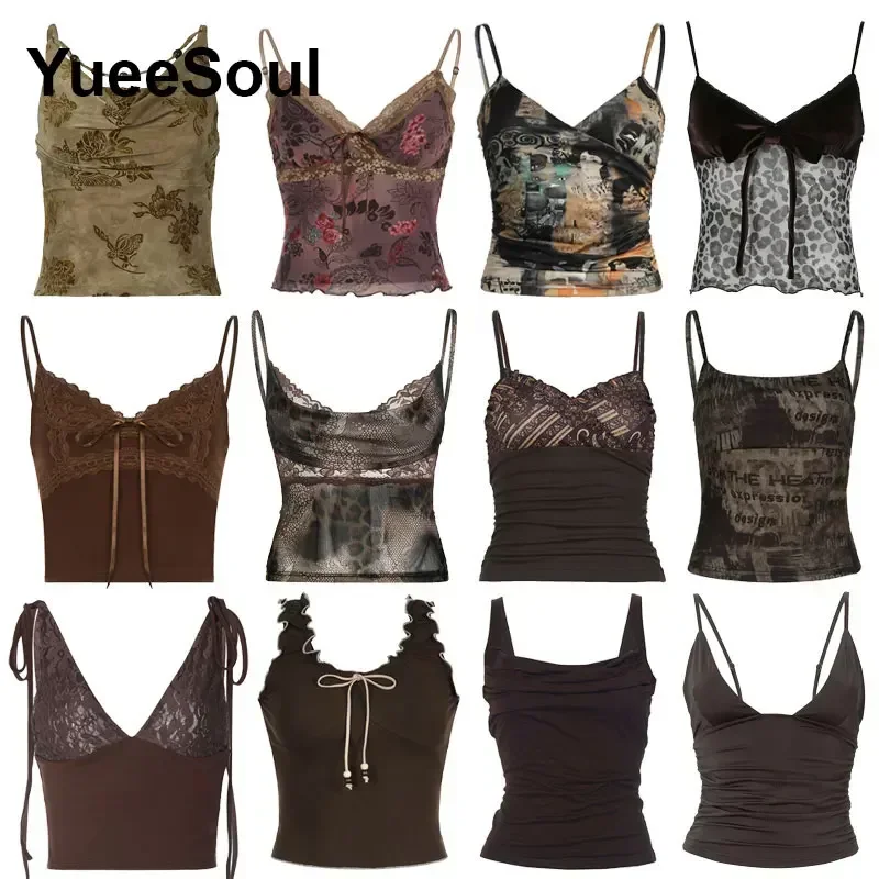 Hauts courts marron imprimés, débardeurs Slim transparents, nouvelle collection été 2025, Y2K, Vintage, doux et mignon, Fairycore, décontracté, Camis pour femmes des années 2000